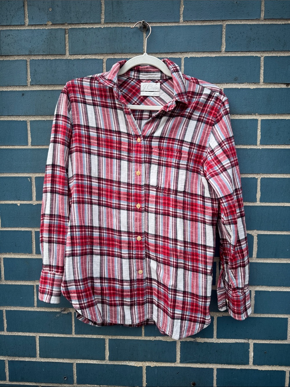 J. Crew Red, White, light blue, and black Plaid Button-Down Shirt
